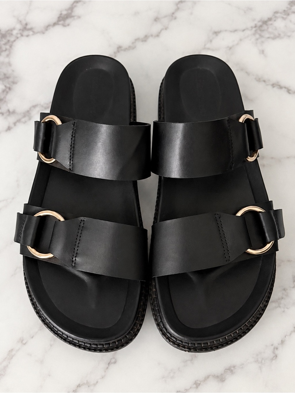 Indigo Rd Black Chunky Slide Sandals Gold Ring Detail Size 8